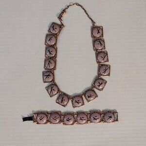 Vintage Copper Necklace And Bracelet Set Pink Enamel Mid Century Modern